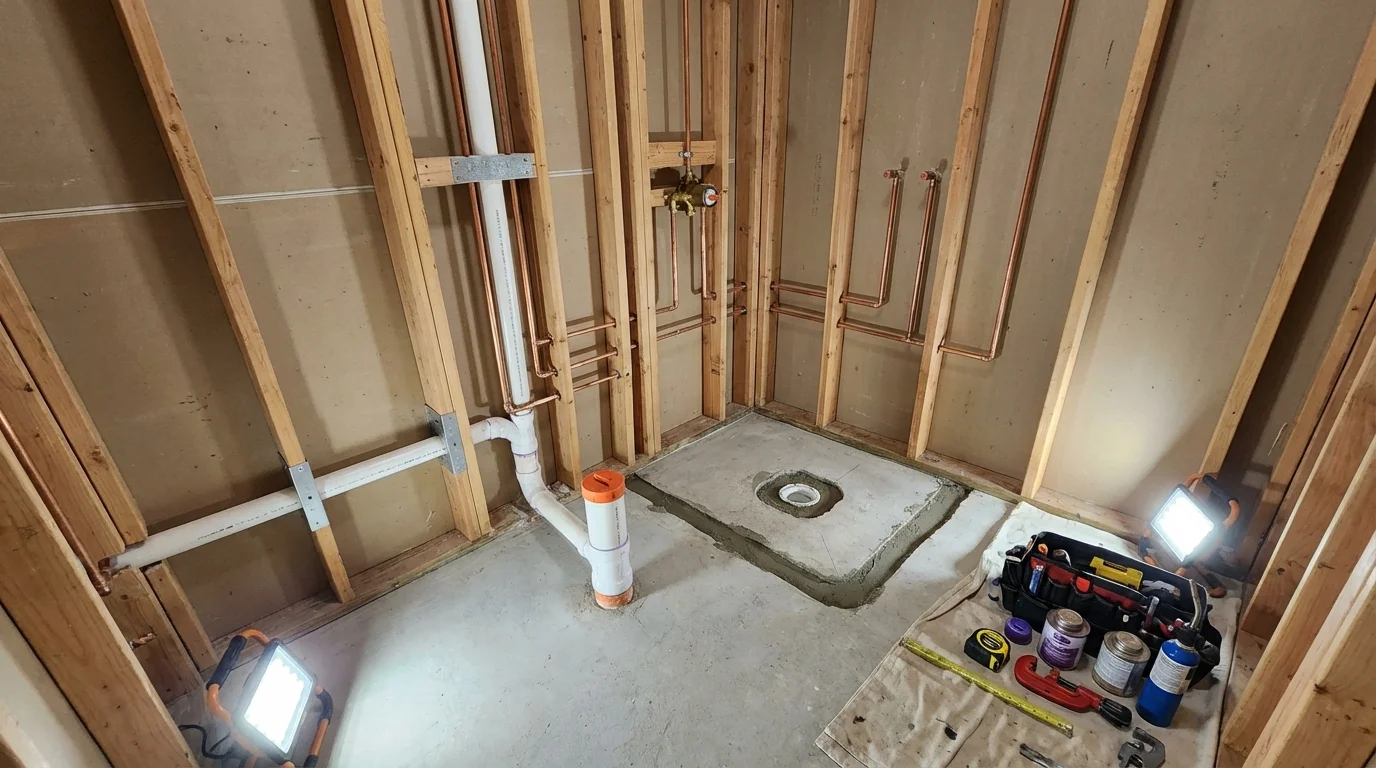 Bathroom rough-in plumbing during remodel by Johns Plumbing LLC in Spooner