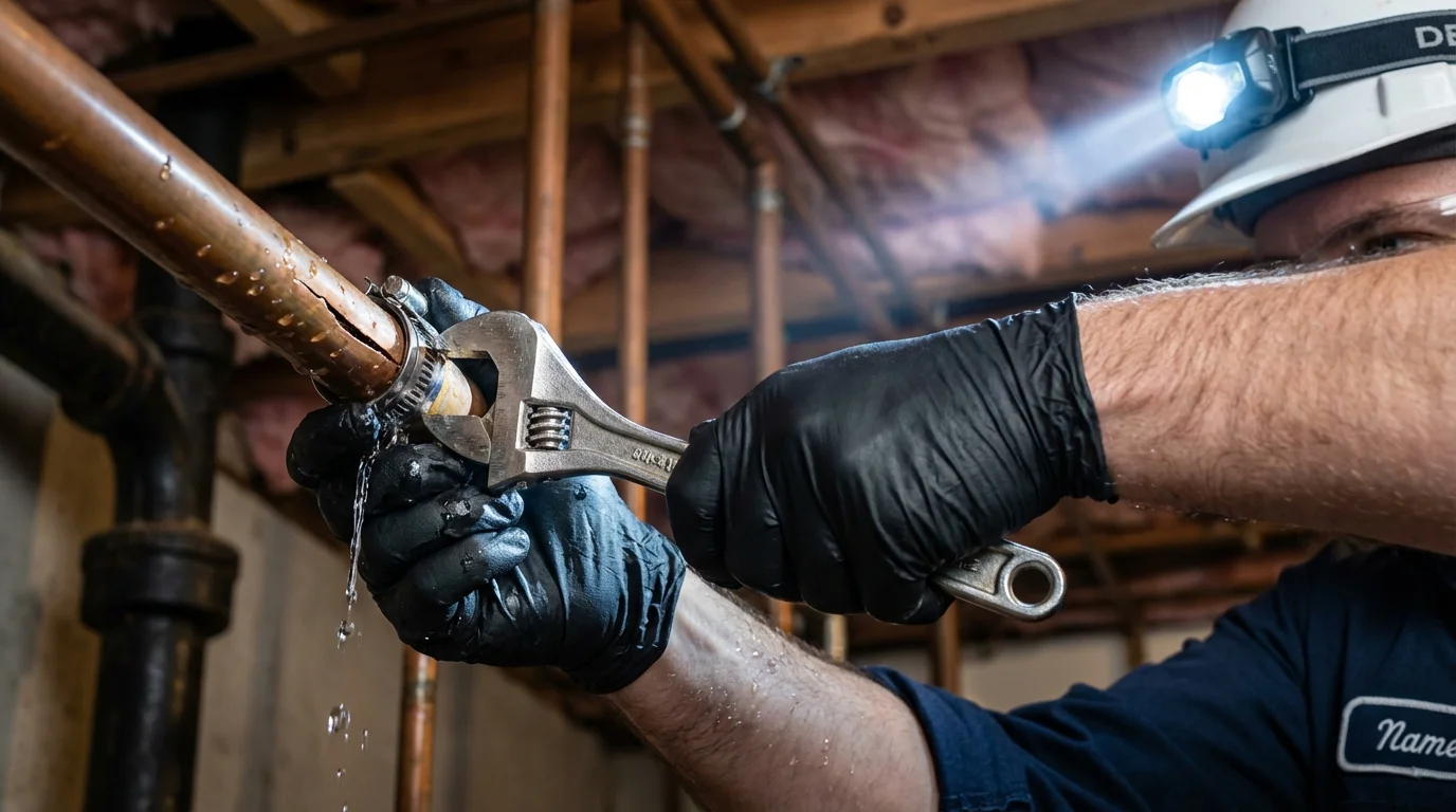 Emergency pipe clamp repair being performed by a Johns Plumbing LLC plumber in Spooner