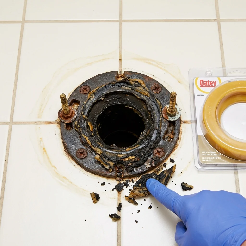 Failed wax ring showing water seepage at the base of a toilet in a Spooner, WI home