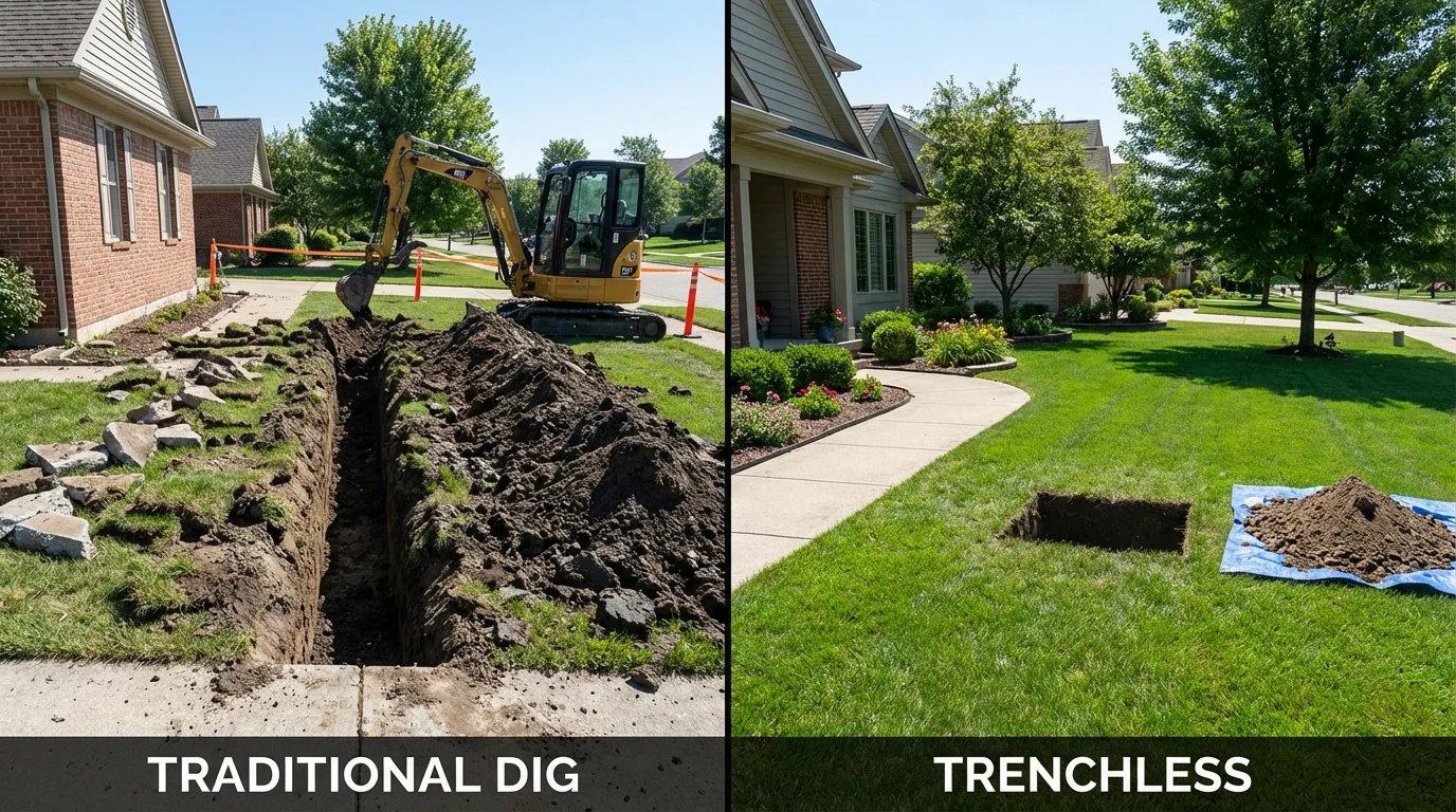 Trenchless sewer repair with minimal yard damage versus traditional excavation in Spooner, WI