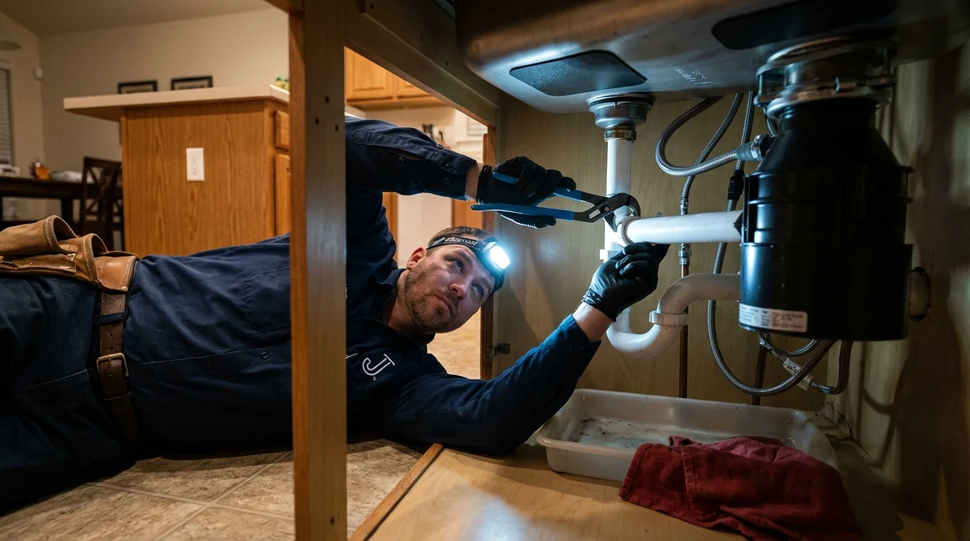 P-trap and supply line connections under a kitchen sink showing a common leak point in Spooner, WI